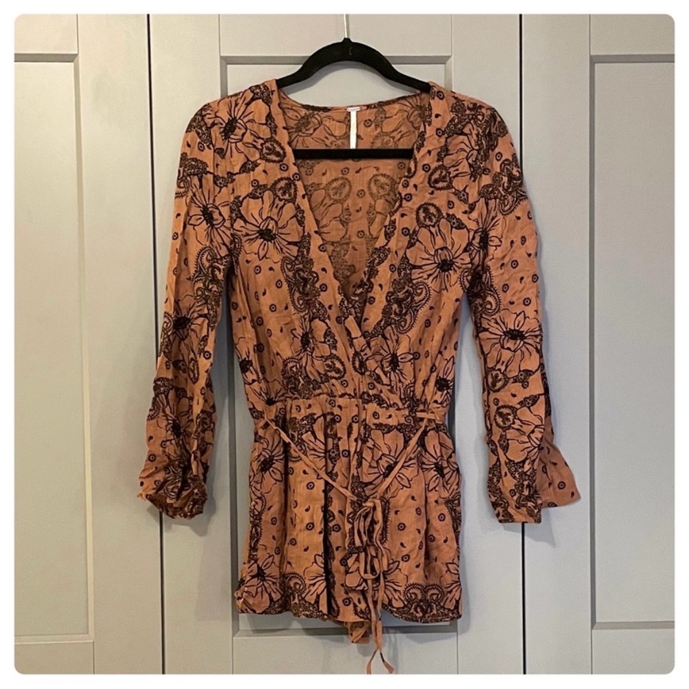 Free People All The Right Ruffles Romper Floral Faux Wrap Belted Brown Size XS